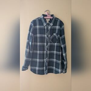 Blue Mountain Navy Blue And White Plaid Flannel Button-Down Shirt